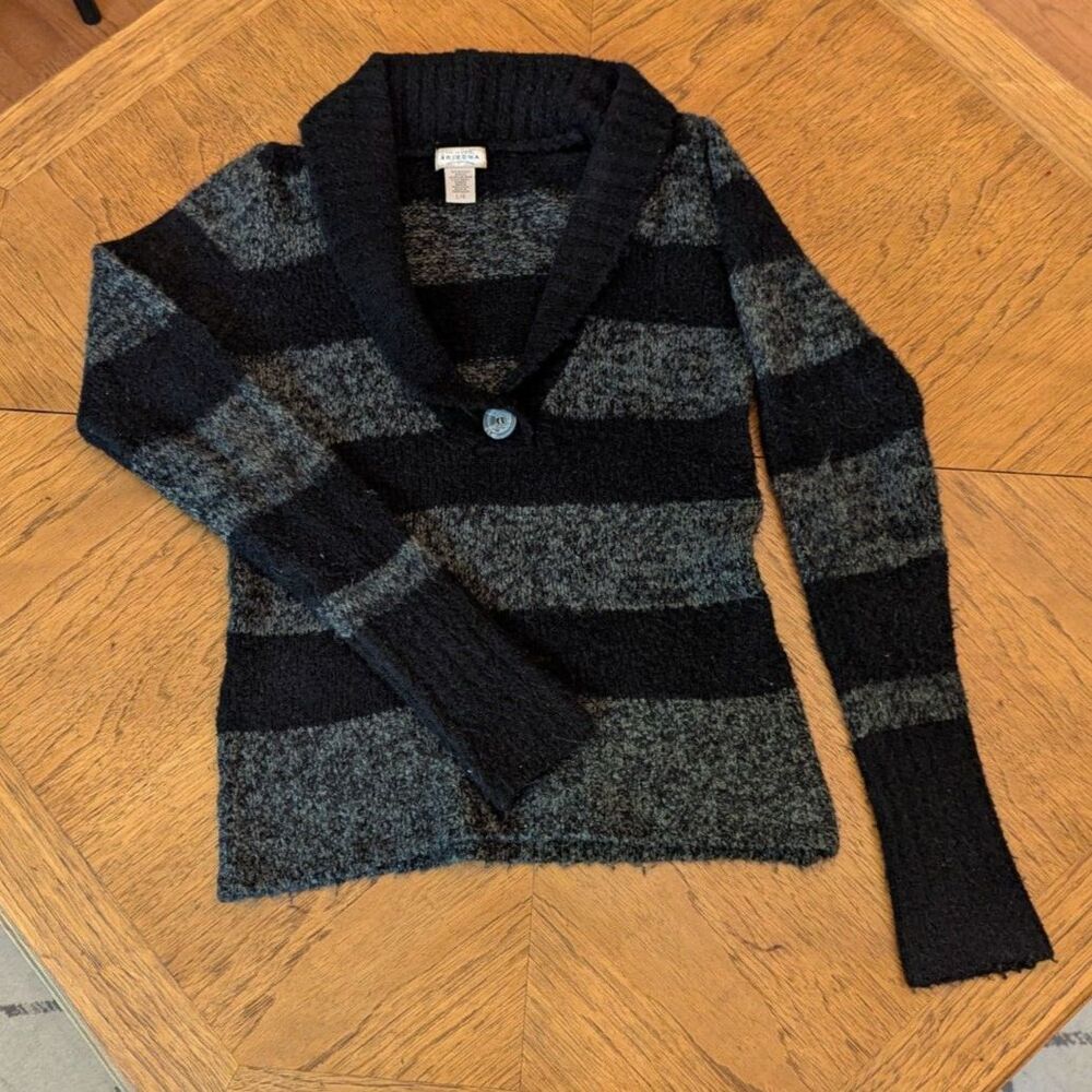 Y2K Arizona Striped Shawl Collar Sweater Black Grey Marled Juniors Large